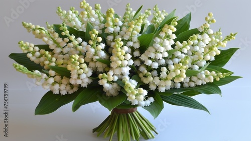 a bouquet of lily of the valley flowers on a white tablecloth with green leaves and a white wall in the background. photo