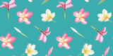 Watercolor frangipani seamless pattern. Hand drawn illustration. Plumeria or Temple tree flower. For textile, wallpaper, cosmetics design. Turquiose background