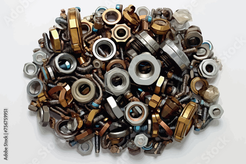 metal bolts and nuts with round washers close-up on a white background