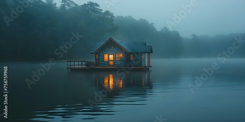 Mysterious lakeside cabin at twilight enveloped in mist and intrigue AI. Concept Twilight Setting, Lakeside Cabin, Mystical Atmosphere, Enveloped in Mist, Intrigue