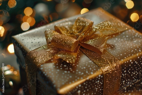 A gift wrapped in gold with a shiny gold bow. Perfect for holiday and celebration concepts