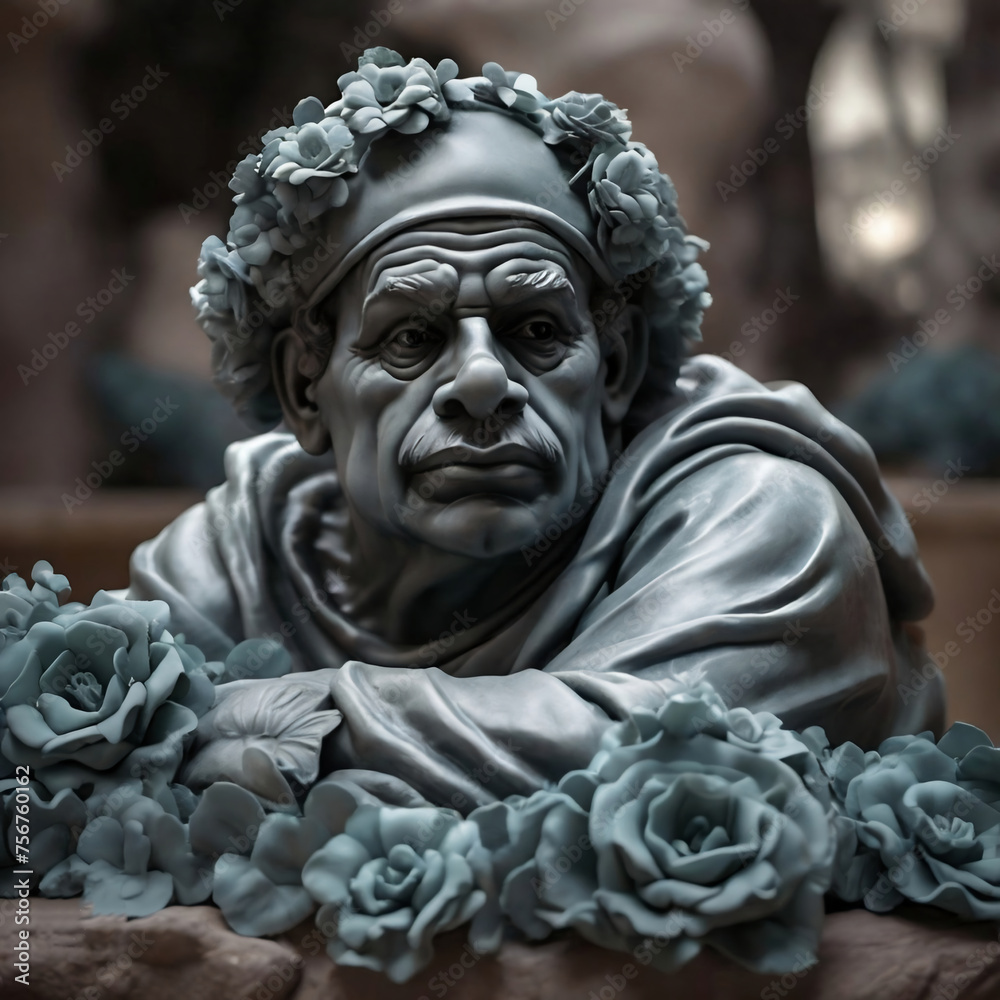 Portrait of a Greek statue with a crown on its head, looking bored and sad, surrounded by flowers