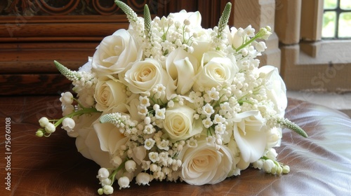 a bridal bouquet of white roses and baby's breath sits on a table in front of a window. photo