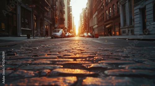 Urban cityscape with cobblestone street during sunset. Ideal for city and travel concepts