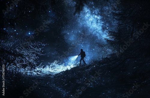 A man in dark clothing walking through a dense forest under the starlit night sky.