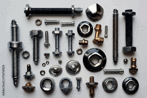 metal bolts and nuts with round washers close-up on a white background