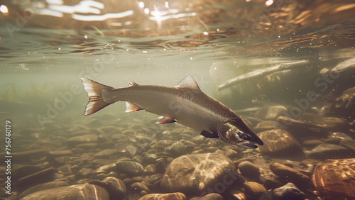 Underwater Radiance: A Salmon Gliding in Sun-Kissed Waters