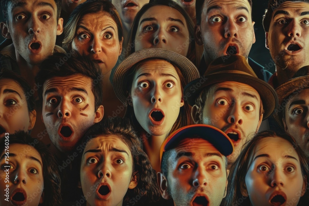A group of people with open mouths making silly expressions. Perfect for social media or advertising campaigns