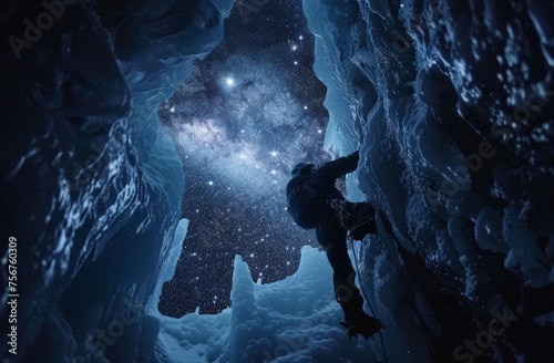 A man precariously climbs up the side of a mountain covered in snow, showcasing determination and skill.