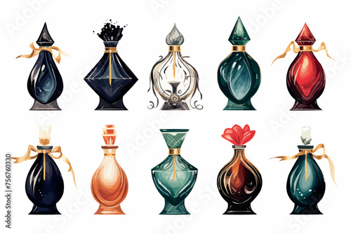 Hand drawn stylized watercolor set of different women perfume bottles isolated on white background
