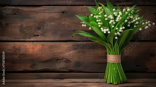 a bouquet of lily of the valley flowers in a vase on a wooden table with a wood planked wall in the background. photo