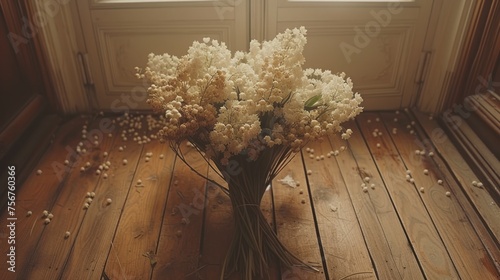 a vase filled with lots of white flowers on top of a wooden floor in front of a pair of windows. photo