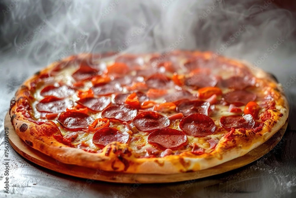 Εκτύπωση καμβά Delicious pepperoni pizza on a wooden board, perfect for food blogs or restauran