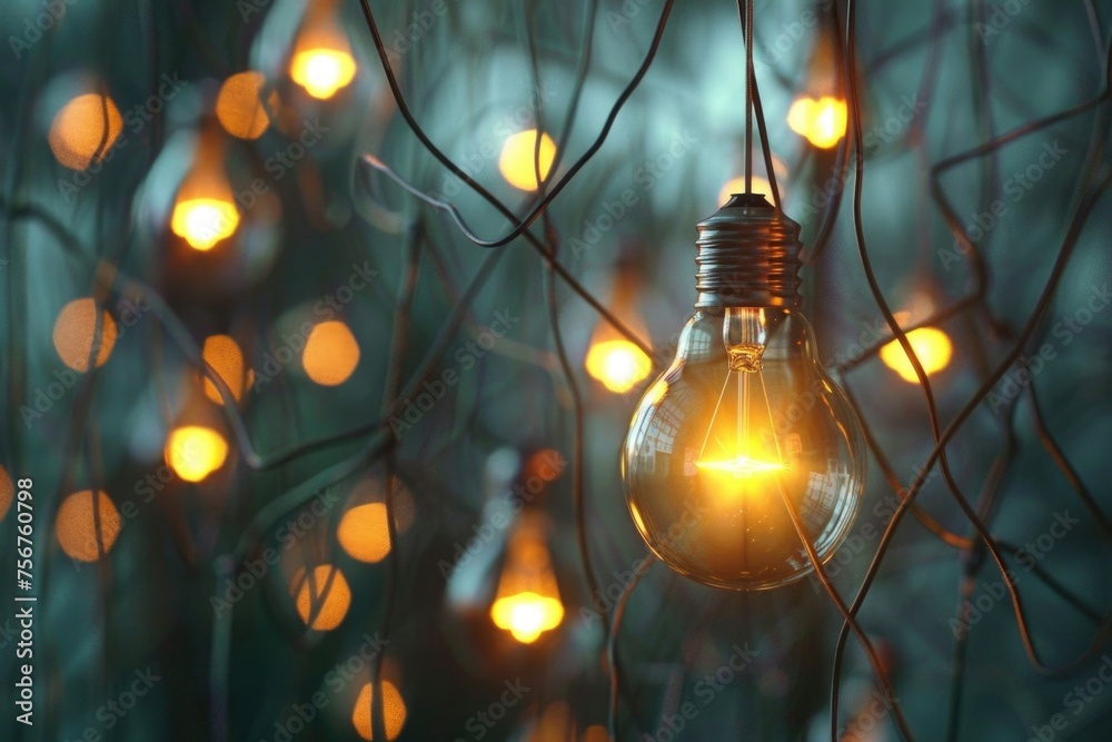 Light bulb hanging from a tree branch. Suitable for illustrating creativity or innovation concepts - obrazy, fototapety, plakaty 
