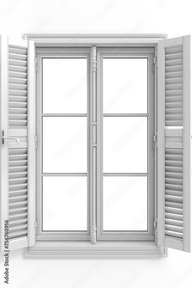 An open window with shutters on a white background. Ideal for interior design concepts