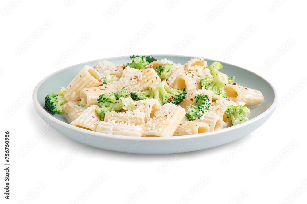 Plate of tasty pasta with broccoli on white background Plate of tasty pasta with broccoli on white background