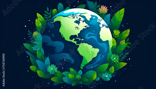 Earth globe illustration on with plants copy space banner ecological earth day hour safe butterfly flowers environmental problems on blue background © lidianureeva