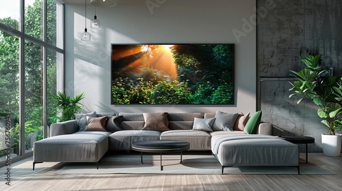Modern living room with an HD smart TV showcasing nature photo