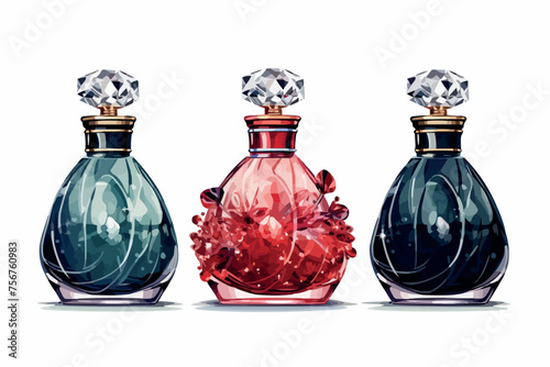 Hand drawn stylized watercolor set of different women perfume bottles isolated on white background