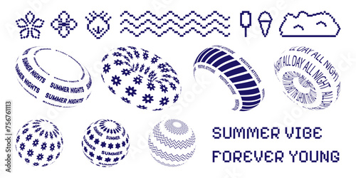 Set of y2k retro shapes. Summer abstract pixel stickers. Elements, figures in trendy style.