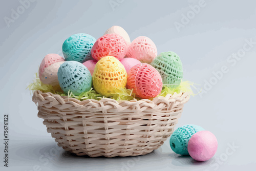 Easter egg made of multicolored crochet yarn on a white background with bolls, skeins and crochet hooks