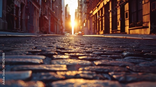 City street with cobblestones during sunset, perfect for urban backgrounds