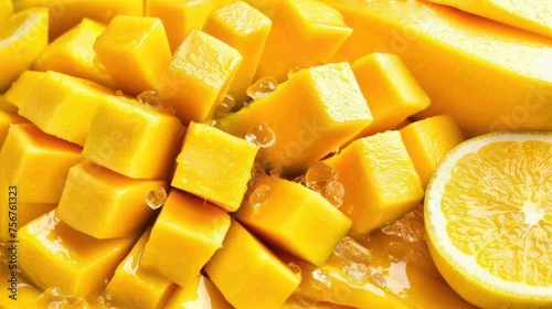 a close up of sliced up mangoes and a slice of lemon on the side of a plate of sliced up mangoes.