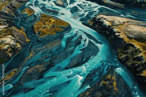 Aerial view of a river running through a valley. Suitable for nature and travel concepts