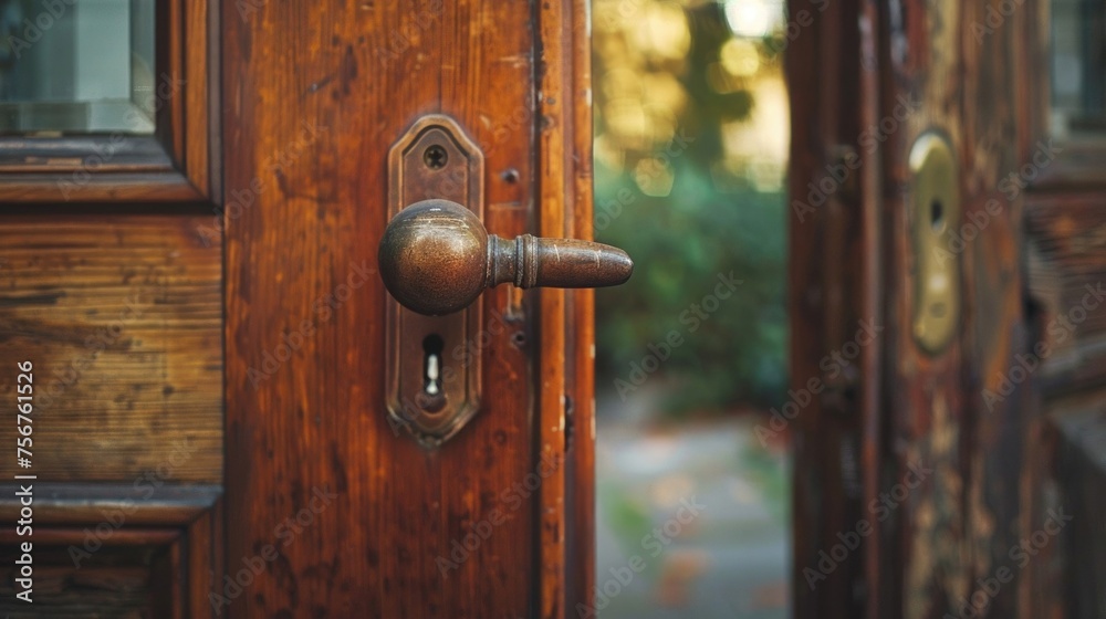 Detailed view of a wooden door handle. Suitable for architectural or interior design concepts