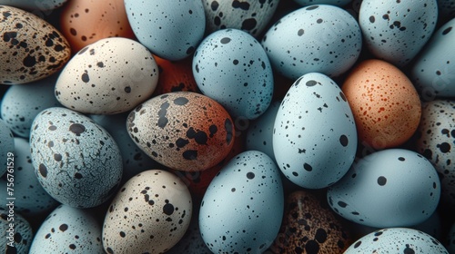 a close up of a bunch of eggs with speckled eggs in the middle of the eggs are brown, white, and blue.
