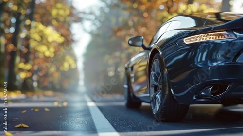 A black car driving down a scenic tree-lined road, perfect for travel and transportation concepts © Fotograf