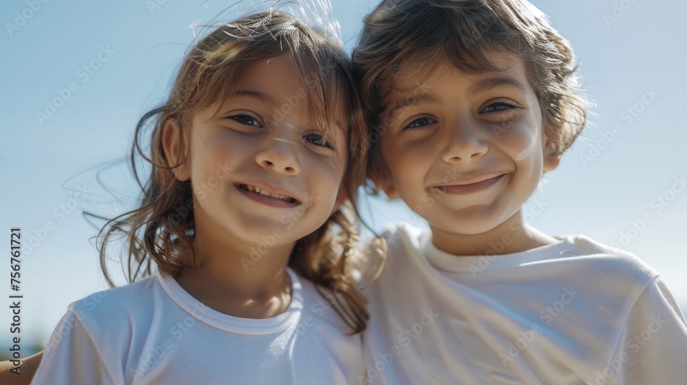 Two young children standing next to each other on a beach. Suitable for family vacation concepts Two young children standing next to each other on a beach. Suitable for family vacation concepts