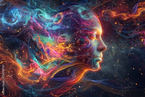 A human head with intricate patterns of colorful brain waves and neural connections, surrounded by glowing light beams representing the flow of thoughts and ideas in an explosion of vibrant colors