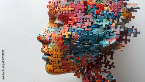 A profile view of an AI head made up entirely from colorful puzzle pieces, set against a white background. 