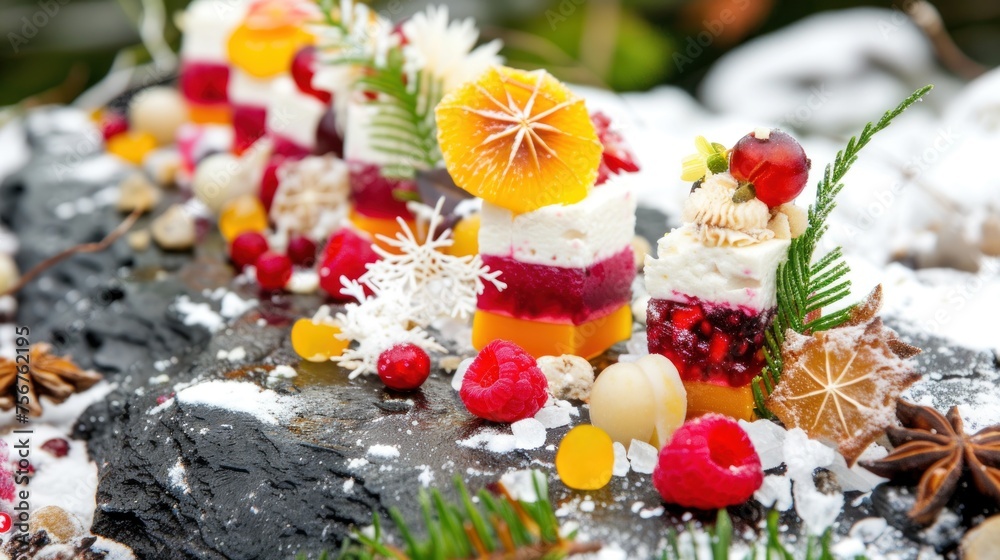 a close up of a cake made to look like it has fruit on top of it and pine cones on top of it. a close up of a cake made to look like it has fruit on top of it and pine cones on top of it.