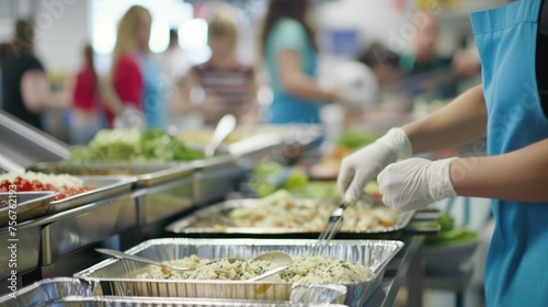 a person in a blue shirt and white gloves is serving food at a buffet line with other people in the background. photo