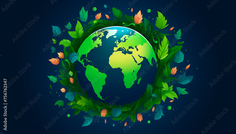 Naklejka premium Earth globe illustration on with plants copy space banner ecological earth day hour safe butterfly flowers environmental problems on blue background