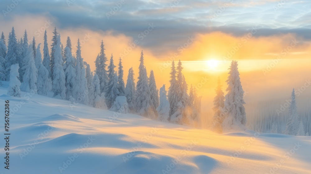 the sun shines through the clouds over a snow covered mountain with snow - covered trees in the foreground.
