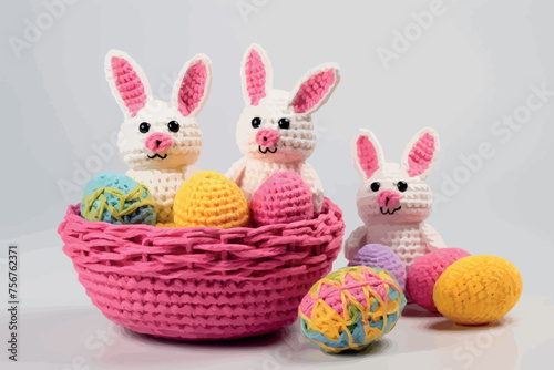 Easter egg made of multicolored crochet yarn on a white background with bolls, skeins and crochet hooks