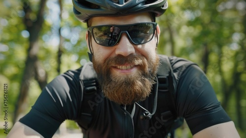 A man with a beard wearing a helmet and sunglasses. Ideal for outdoor sports and adventure concepts