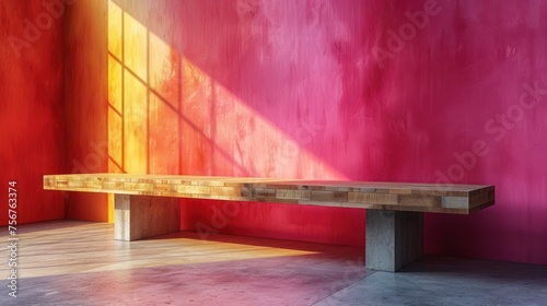 a wooden bench sitting in front of a wall with a bright light coming through the window on top of it.