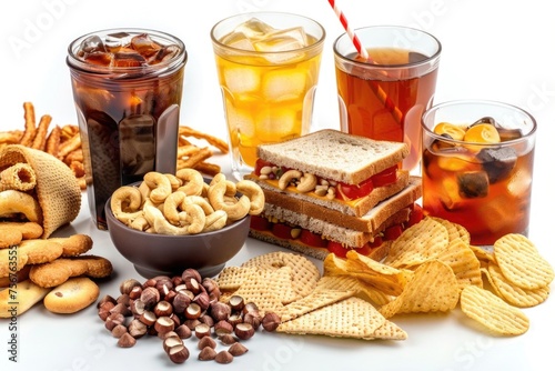 Assorted snacks and beverages displayed on a table, perfect for food and beverage concepts