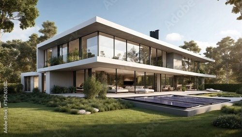 Modern eco-friendly house with large glass windows in contemporary architectural style © Natallia