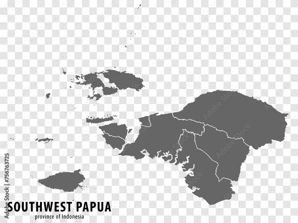 Blank map Southwest Papua province of Indonesia. High quality map Southwest Papua with municipalities on transparent background for your design. Republic of Indonesia.  EPS10.