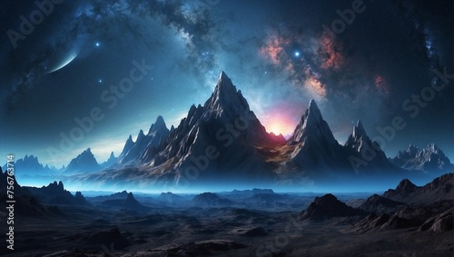 Breathtaking futuristic scene from a distant planet with stone peaks landscape