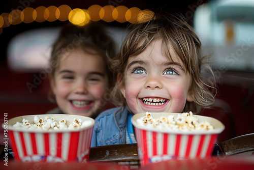 Families enjoying a drive-in movie night, cuddled up in vintage cars, munching on popcorn, and watching classic films. Two little girls..