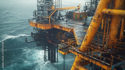 An oil rig platform in the middle of the ocean. Suitable for energy and industrial concepts