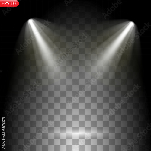 Scene illumination collection, transparent effects. Bright lighting with spotlights.