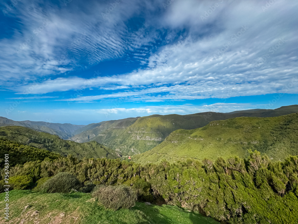 Scenic view of fresh green mountains and hills seen from subtropical Laurissilva forest Rabacal, Madeira island, Portugal, Europe. Idyllic hiking trail 25 Fonte along laurel trees. Diversified fauna