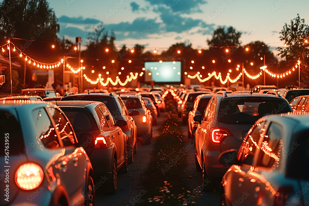Families enjoying a drive-in movie night, cuddled up in vintage cars, munching on popcorn, and watching classic films. - obrazy, fototapety, plakaty 
